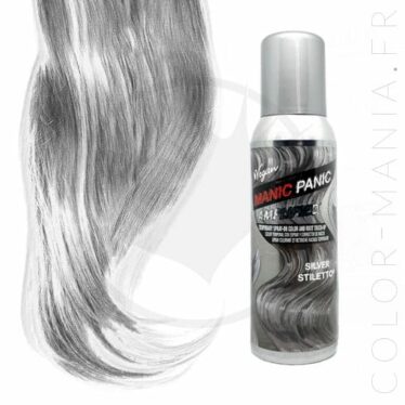 Flacon de spray Manic PAnic Argent et visualisation du rendu sur mèche de cheveux