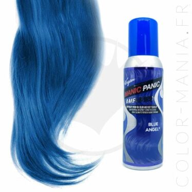 Tube de spray Manic Panic bleu et résultat estimé sur mèche de cheveux