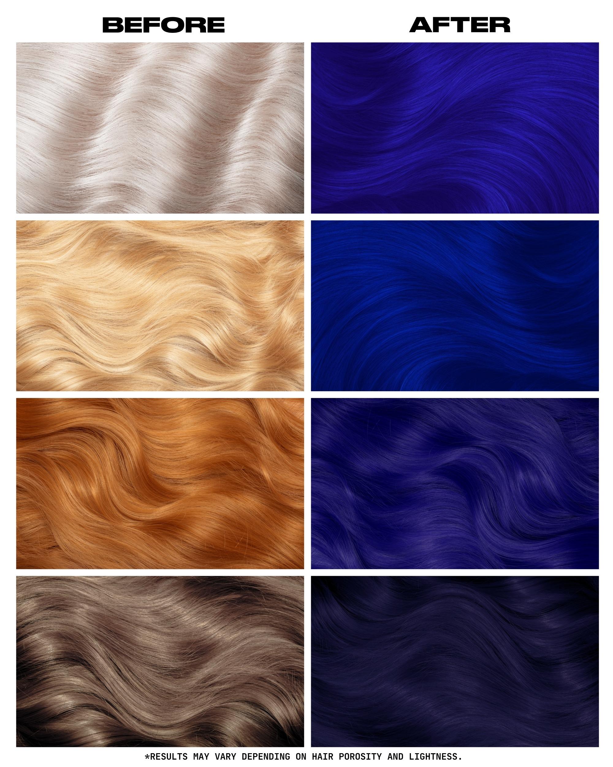 Coloration Cheveux Bleu Nuit Blue Velvet - Lunar Tides - avant apres selon la base | Color-Mania