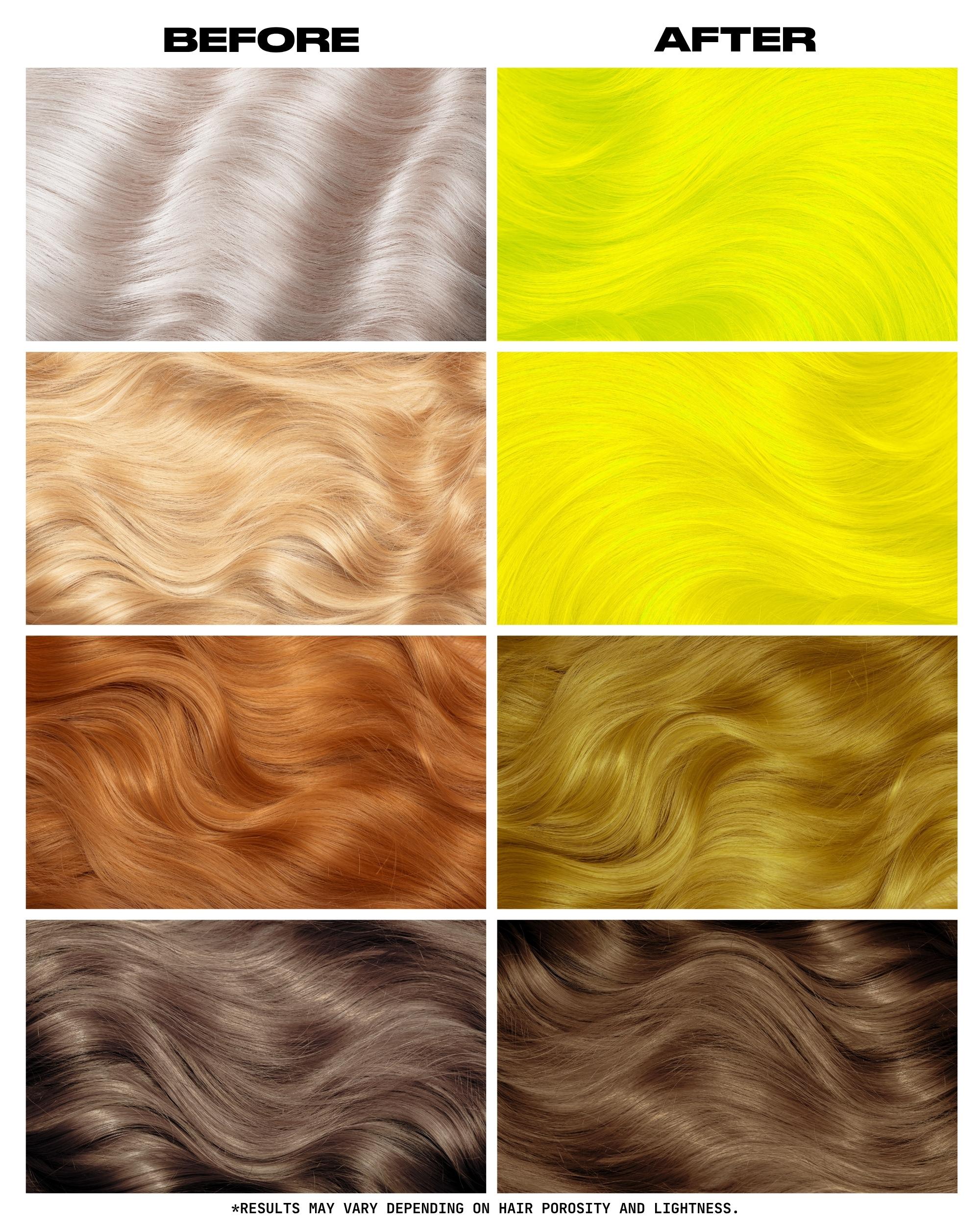 Coloration Cheveux Jaune Fluo UV Neon Lemon - Lunar Tides - avant apres selon la base | Color-Mania