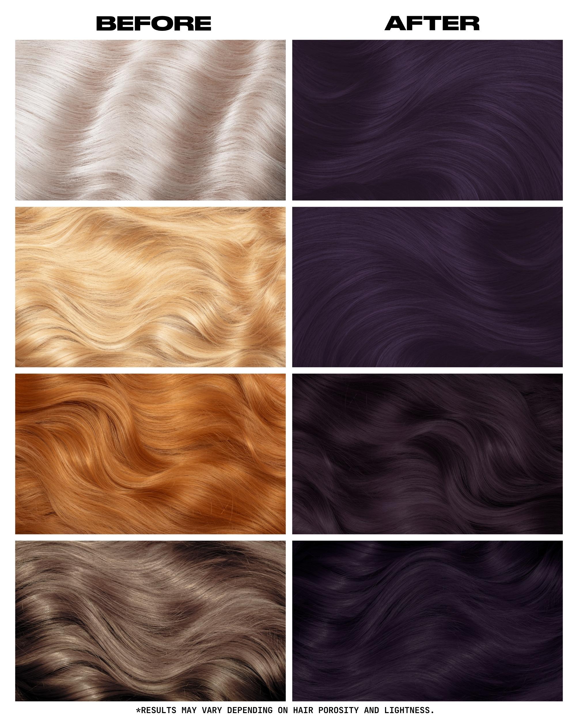 Coloration Cheveux Noir Violet Magic Salem - Lunar Tides - avant apres selon la base | Color-Mania