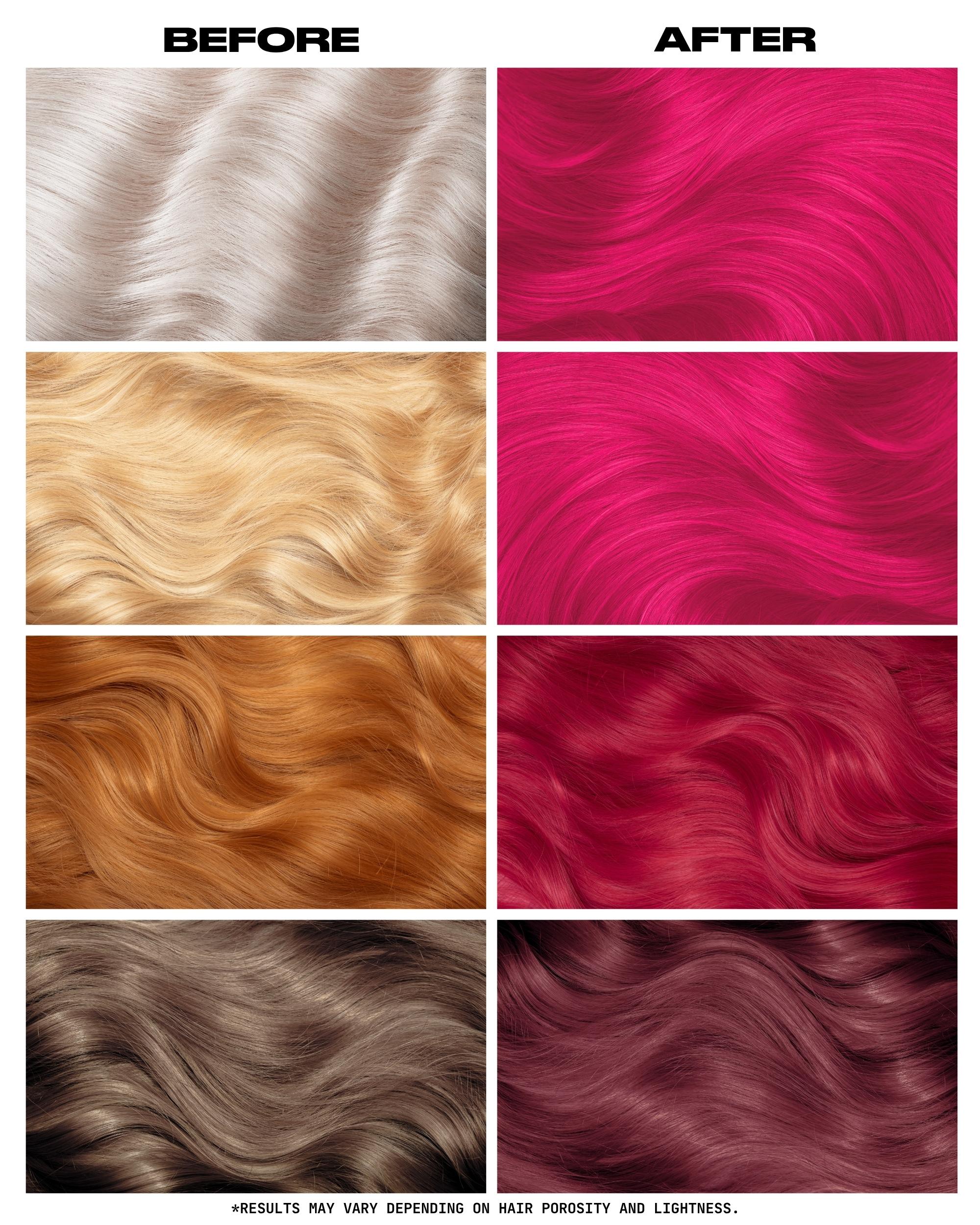 Coloration Cheveux Rose Vif Lychee Pink - Lunar Tides - avant apres selon la base | Color-Mania