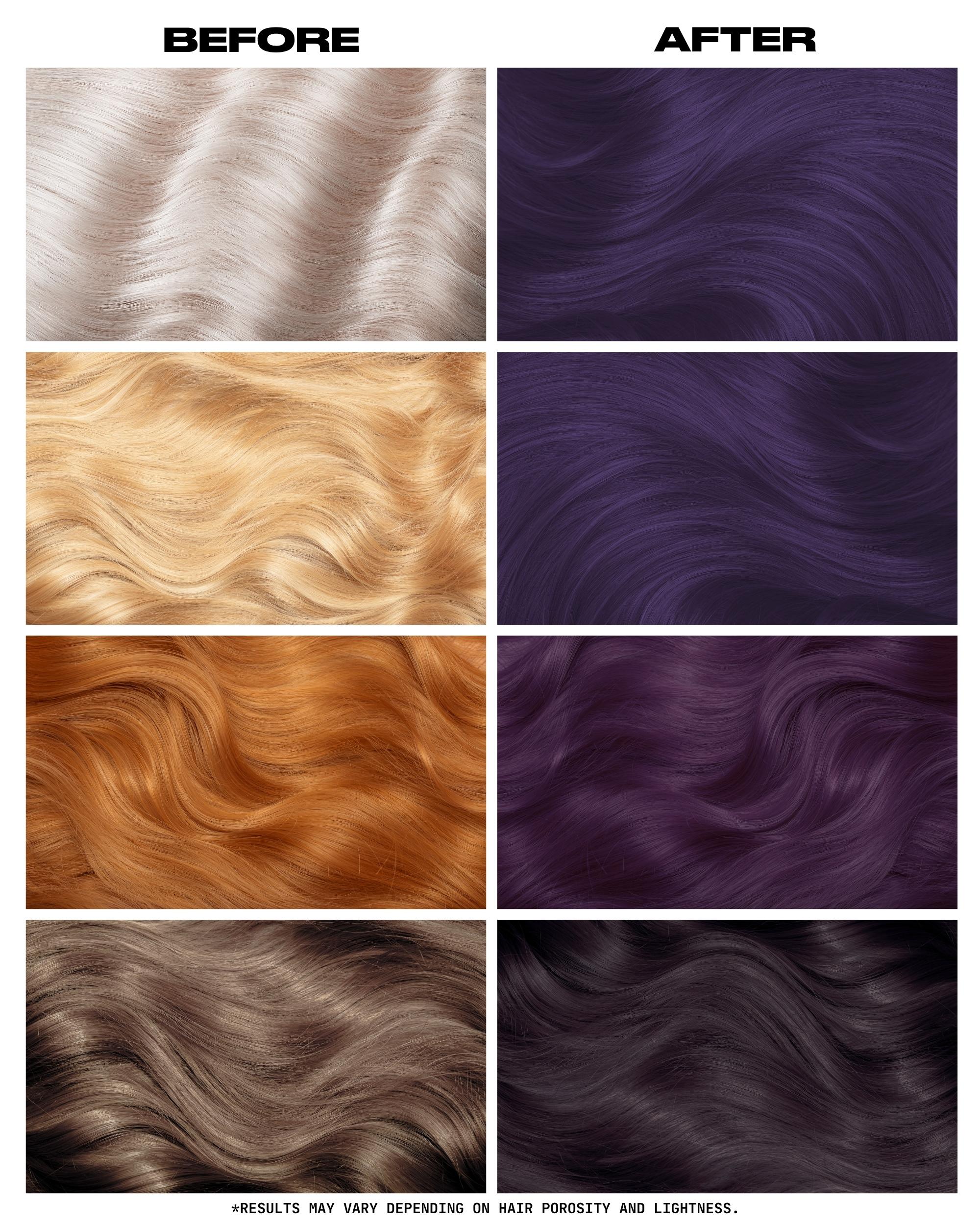 Coloration Cheveux Violet Gris Smokey Purple - Lunar Tides - avant apres selon la base | Color-Mania