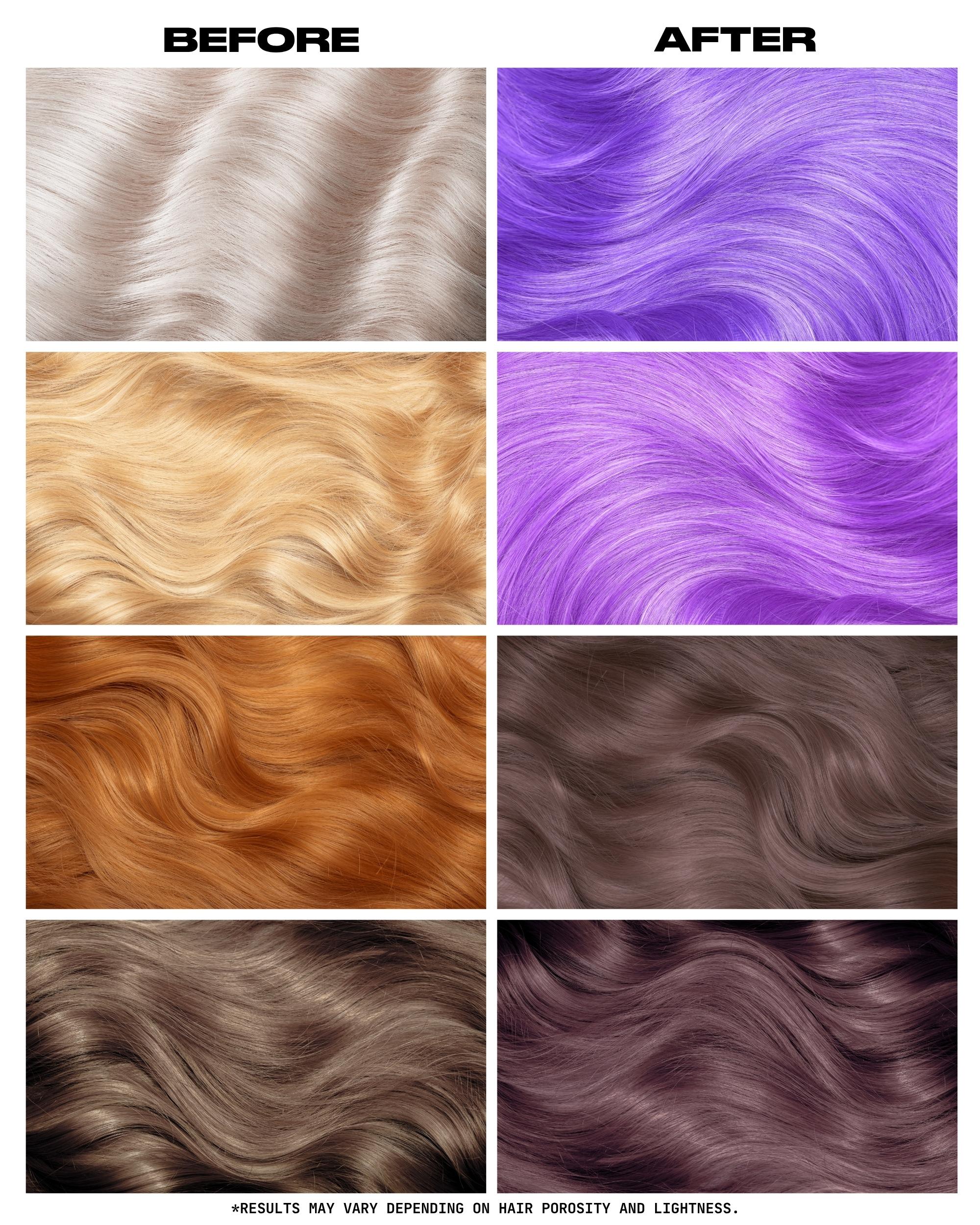 Coloration Cheveux Violet Lavande Iris Purple - Lunar Tides - avant apres selon la base | Color-Mania