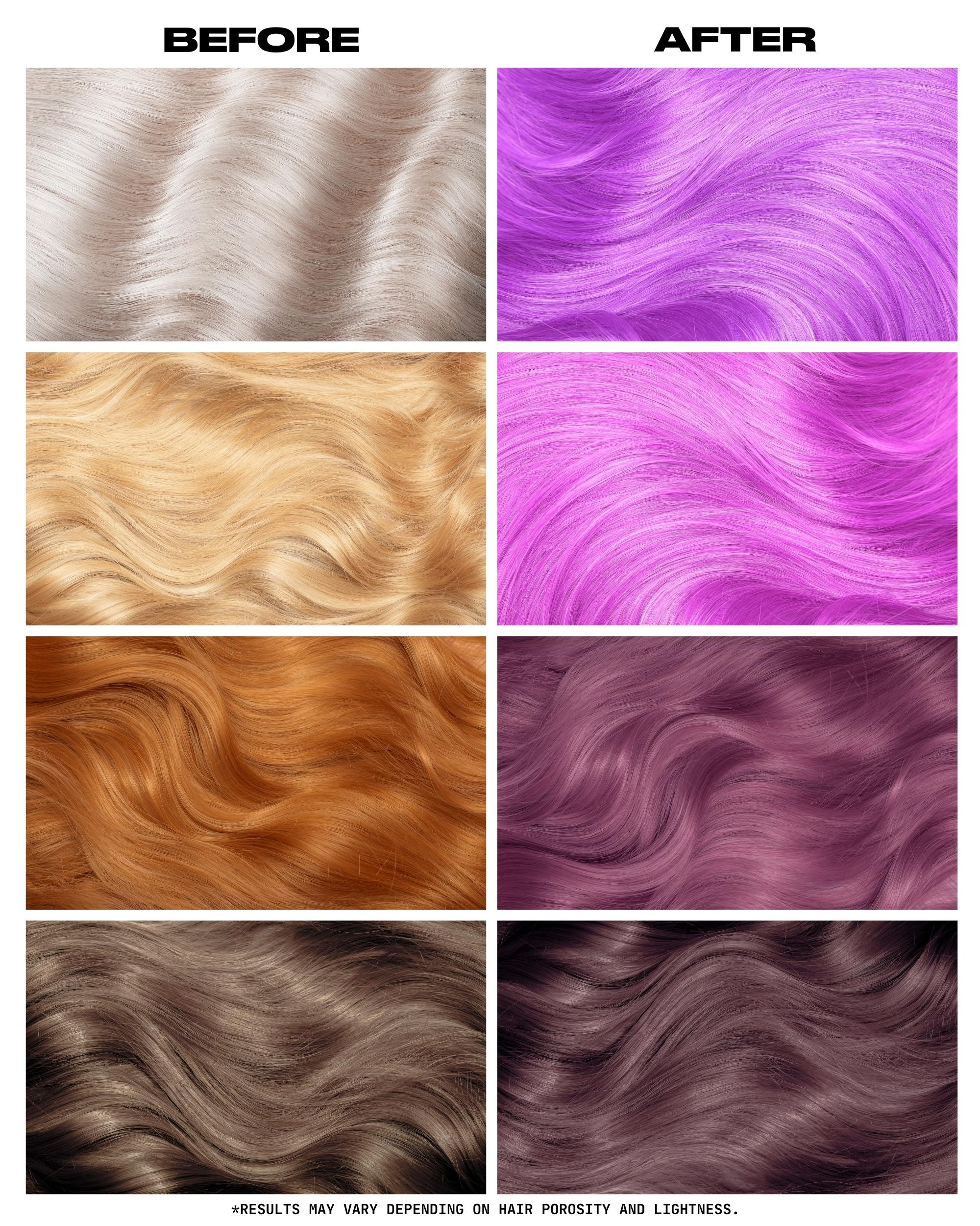Coloration Cheveux Violet Pastel Amethyst Purple - Lunar Tides - avant apres selon la base | Color-Mania