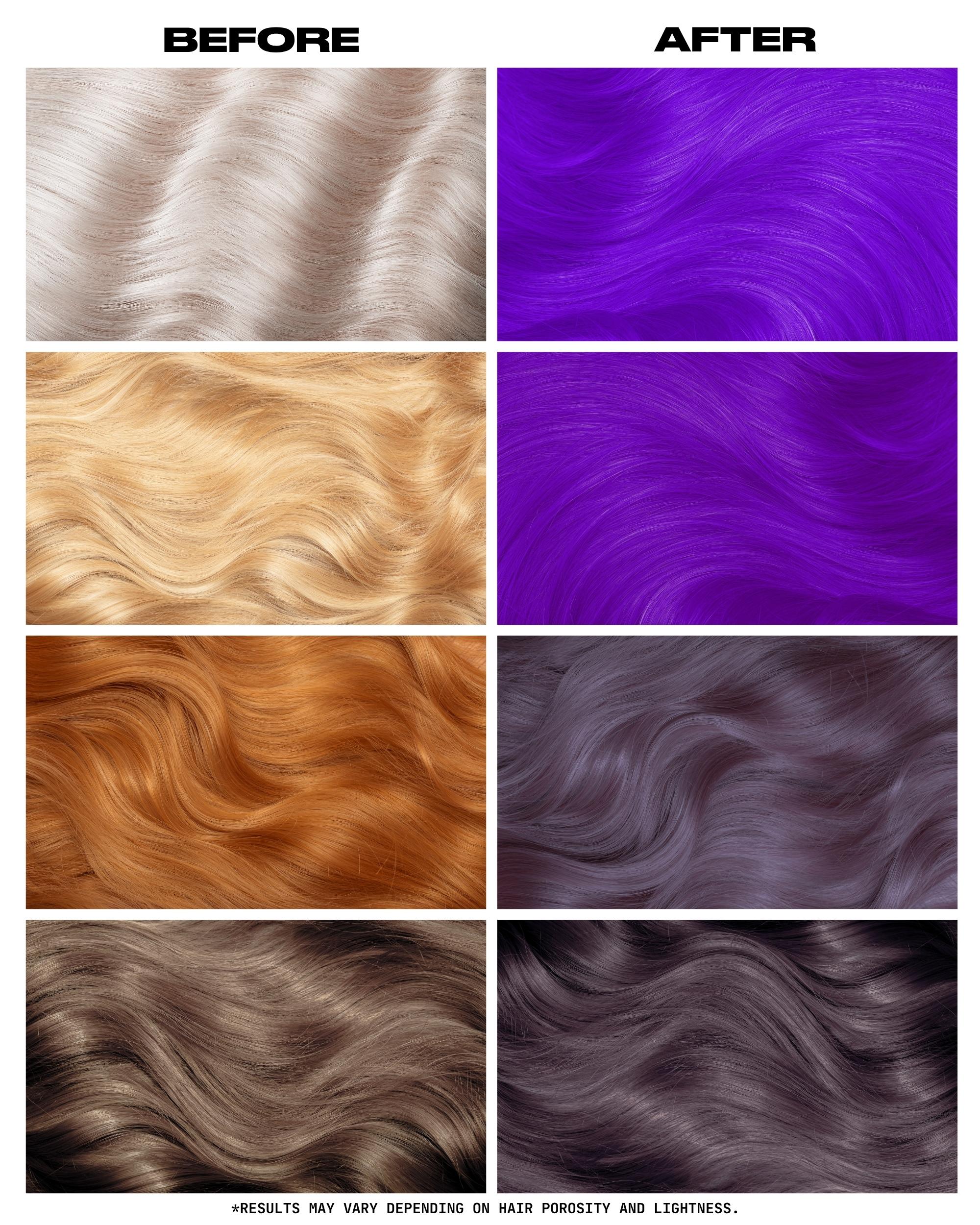 Coloration Cheveux Violet Vif Orchid Purple - Lunar Tides - avant apres selon la base | Color-Mania